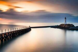 une longue exposition photographier de une phare à le coucher du soleil. généré par ai photo