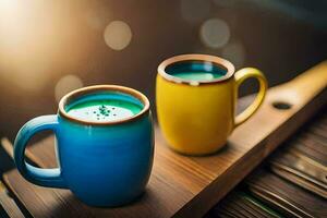 deux coloré tasses de thé asseoir sur une en bois plateau. généré par ai photo