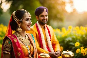 Indien mariage dans le jardin. généré par ai photo