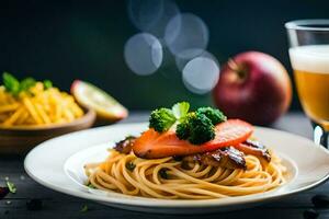 une assiette de spaghetti avec Viande et des légumes. généré par ai photo