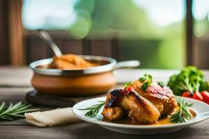 une assiette de poulet avec des légumes et une pot de sauce. généré par ai photo