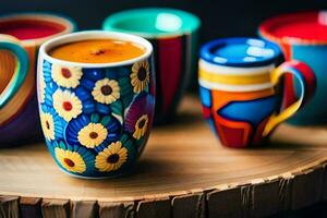 coloré des tasses sur une en bois plateau. généré par ai photo