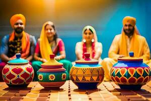 une groupe de gens dans coloré turbans séance autour une table avec coloré marmites. généré par ai photo