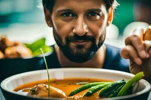 une homme avec une barbe et une bol de soupe. généré par ai photo