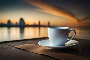 café tasse sur le tableau, le ville, le coucher de soleil, le ville, le ville,. généré par ai photo