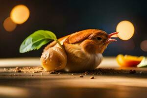 une poulet avec une pièce de fruit sur le tableau. généré par ai photo