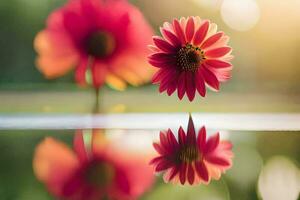 deux fleurs sont réfléchi dans le l'eau. généré par ai photo