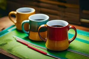 Trois coloré café des tasses sur une tableau. généré par ai photo