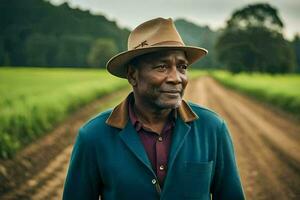 une homme dans une chapeau permanent sur une saleté route. généré par ai photo