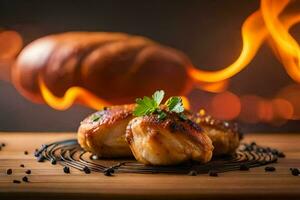 grillé poulet sur une en bois table avec Feu. généré par ai photo