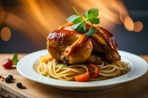 poulet avec nouilles et des légumes sur une plaque. généré par ai photo