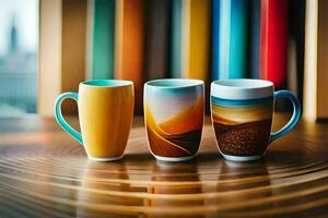 Trois coloré des tasses séance sur une tableau. généré par ai photo