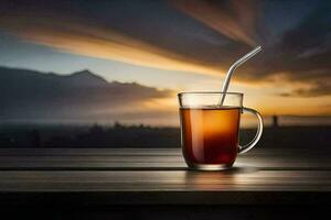 une verre de thé sur une en bois table avec une le coucher du soleil dans le Contexte. généré par ai photo