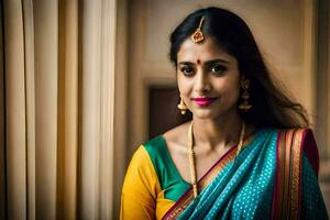 une magnifique Indien femme dans une coloré sari. généré par ai photo