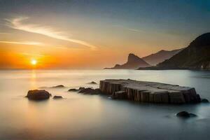 le Soleil ensembles plus de le océan dans une magnifique paysage. généré par ai photo