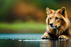 une Lion séance dans le l'eau à la recherche à le caméra. généré par ai photo