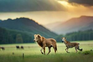 une Lion et une gazelle marcher par une champ. généré par ai photo