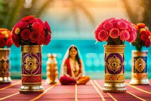 une la mariée est assis dans de face de une table avec fleurs et vases. généré par ai photo