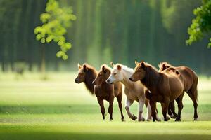 une groupe de les chevaux en marchant dans le herbe. généré par ai photo