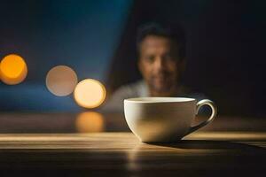 une homme est séance dans de face de une café Coupe. généré par ai photo