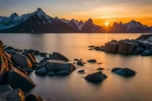 le Soleil ensembles plus de le montagnes et l'eau. généré par ai photo