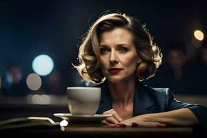 une femme séance à une table avec une tasse de café. généré par ai photo