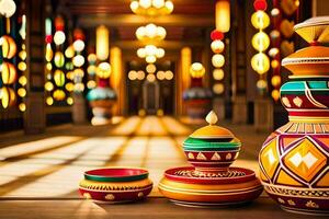 coloré des vases sur une en bois table dans une chambre. généré par ai photo