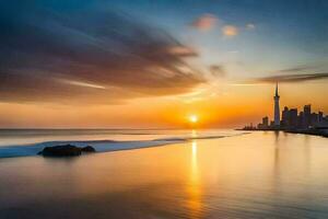 le Soleil ensembles plus de le ville horizon dans cette photo. généré par ai photo