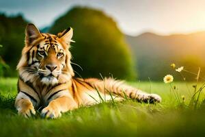 une tigre est pose dans le herbe. généré par ai photo