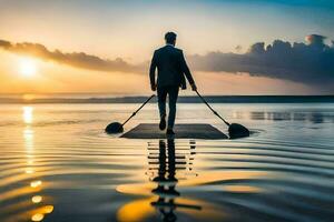 une homme dans une costume est permanent sur une pagayer planche dans le l'eau. généré par ai photo