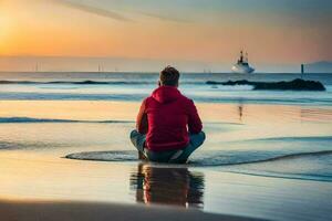 une homme séance sur le plage à le coucher du soleil. généré par ai photo