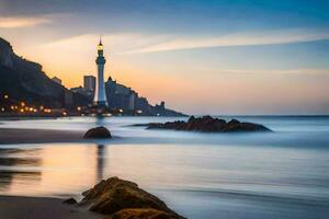 le phare à le coucher du soleil dans le océan. généré par ai photo