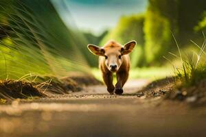 une petit vache en marchant vers le bas une saleté route. généré par ai photo