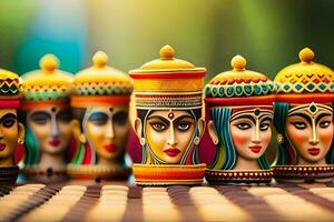 coloré Indien figurines sur une en bois tableau. généré par ai photo