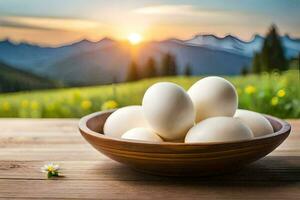 des œufs dans une bol sur une table avec montagnes dans le Contexte. généré par ai photo