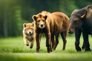 Trois animaux en marchant dans le herbe. généré par ai photo