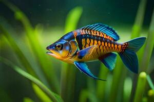 une poisson avec bleu et Orange rayures nager dans le l'eau. généré par ai photo