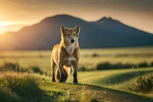 une chien permanent dans le milieu de une champ à le coucher du soleil. généré par ai photo