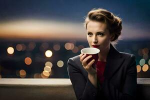 une femme dans une costume en portant une tasse de café. généré par ai photo