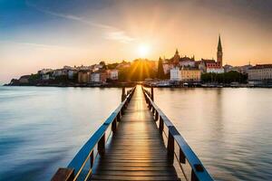 le Soleil est réglage plus de une jetée dans Croatie. généré par ai photo