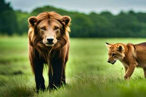 une Lion et une Renard marcher dans le herbe. généré par ai photo