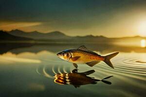 une poisson est permanent sur le l'eau avec le Soleil réglage derrière il. généré par ai photo