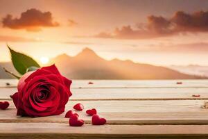 le Rose est sur le table avec cœurs épars sur le sol. généré par ai photo