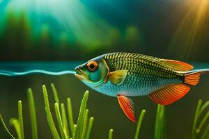 poisson dans le l'eau avec herbe et lumière du soleil. généré par ai photo