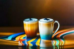 deux café tasses avec coloré dessins sur une tableau. généré par ai photo