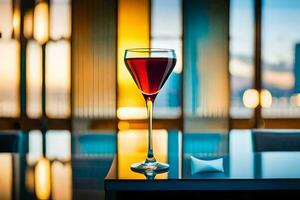 une verre de rouge du vin séance sur une table dans de face de une ville ligne d'horizon. généré par ai photo