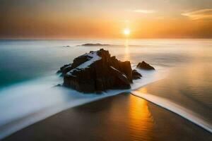 le Soleil monte plus de une rocheux plage dans le océan. généré par ai photo