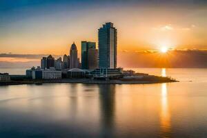 le Soleil ensembles plus de le ville horizon dans cette photo. généré par ai photo