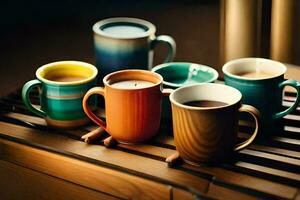 une groupe de coloré café des tasses sur une en bois plateau. généré par ai photo
