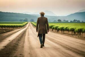 une homme en marchant vers le bas une saleté route dans une vignoble. généré par ai photo